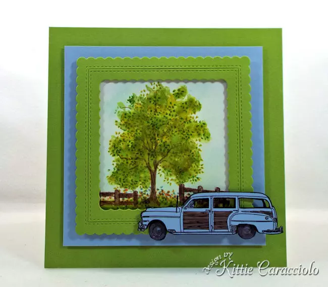 Create a masculine card with a vintage car die cut and outdoor scene.