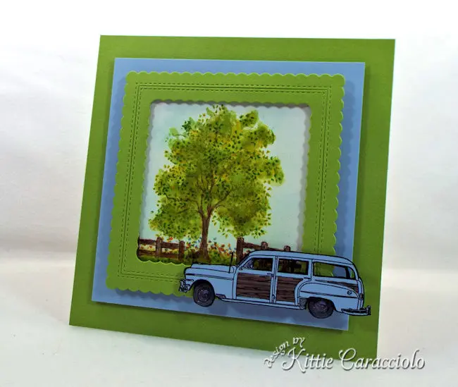Create a masculine card with a vintage car die cut scene.