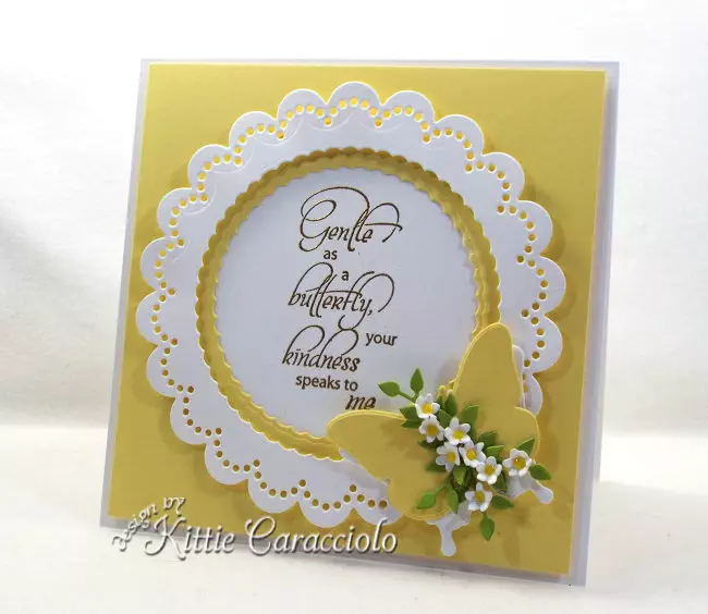 Come see how I made this pretty scalloped frame with butterfly and flowers card.