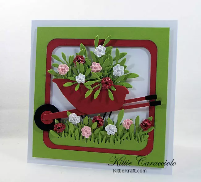 Come see how I made this bright and cheerful die cut wheelbarrow and flowers card.