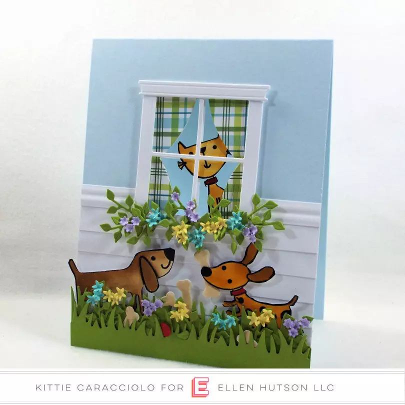 Come see how I made this doggie die cut scene card with the cat in the window.