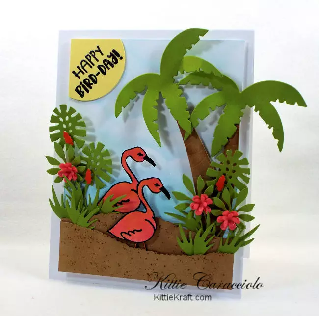 Come check out how I made this fun die cut tropical scene birthday card with flamingos.