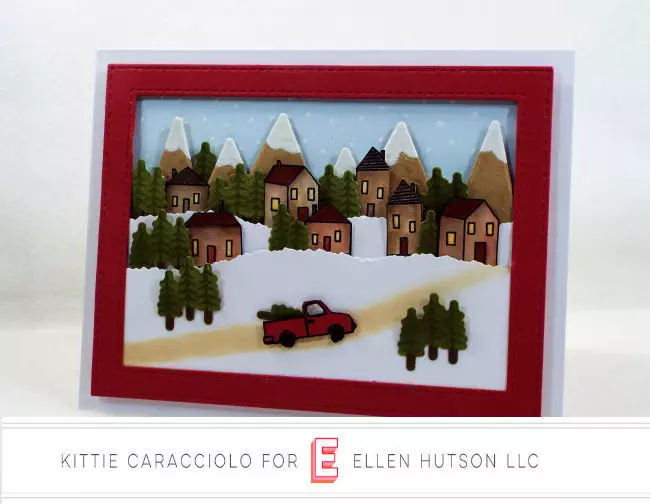 Come see how I made this wintry Essentials by Ellen Over The River Scene Christmas card.