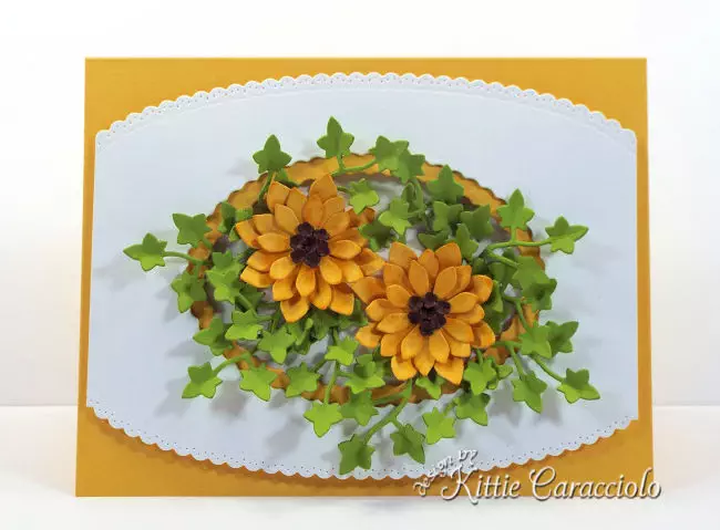 Come see my lovely die cut fall sunflowers card arranged with a pretty white decorative frame.