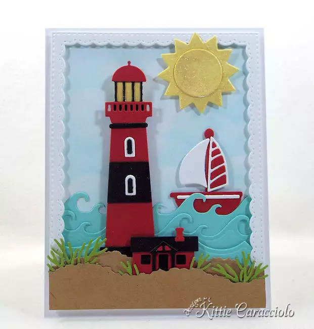 Come see how I made this sunny lighthouse beach scene card.