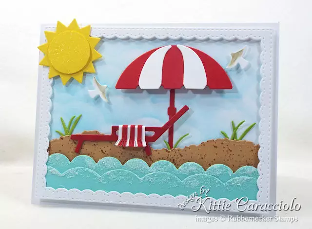 Come see how I made this shiny sunny beach scene card with Rubbernecker dies.