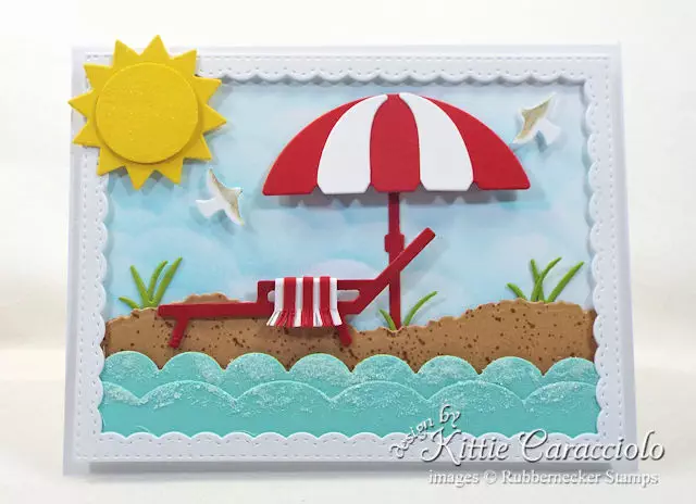 Come see how I made this sparkly sunny beach scene card with Rubbernecker dies.