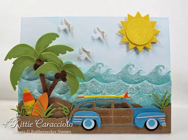 Come see how I made this sunny woody and surfboard beach card.