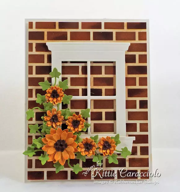 Come see how I made this floral window card with brick background.