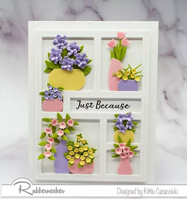 It is fun to decorate a window frame die with lots of vases and flowers.  Click thru to come over to my blog and check out how I made this pretty card.