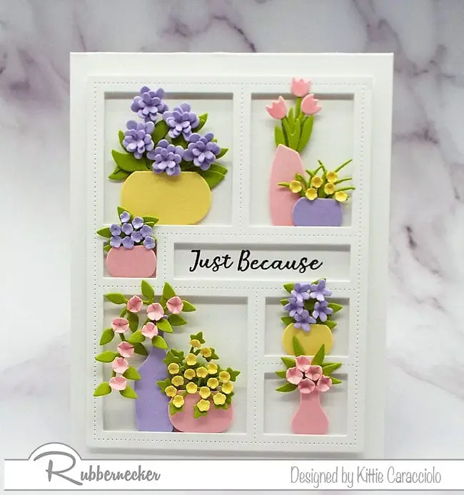 It is fun to decorate a window frame die with lots of vases and flowers.  Click thru to come over to my blog and check out how I made this pretty card.