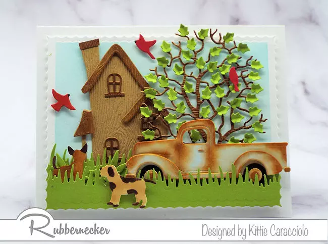 Create a scene card with a rusty pickup truck for Father