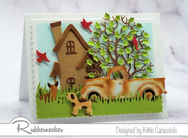 Create a scene card with a rusty pickup truck for Father