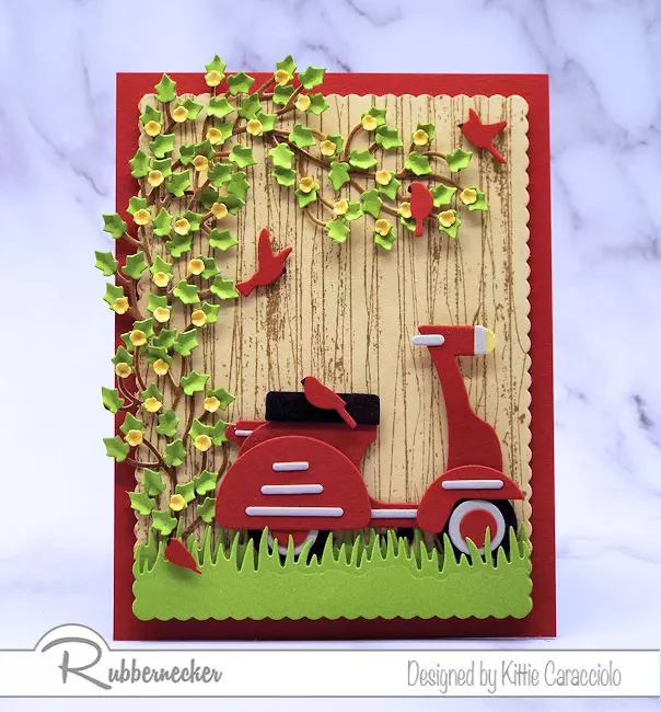 I had so much fun making this scooter card  with the wood fence background.  Click on the card to see how I made this using dies made by Rubbernecker.