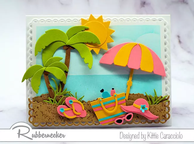 Creating a sunny beach card is fun and easy with all the wonderful beach and summer themed dies made by Rubbernecker Stamps.