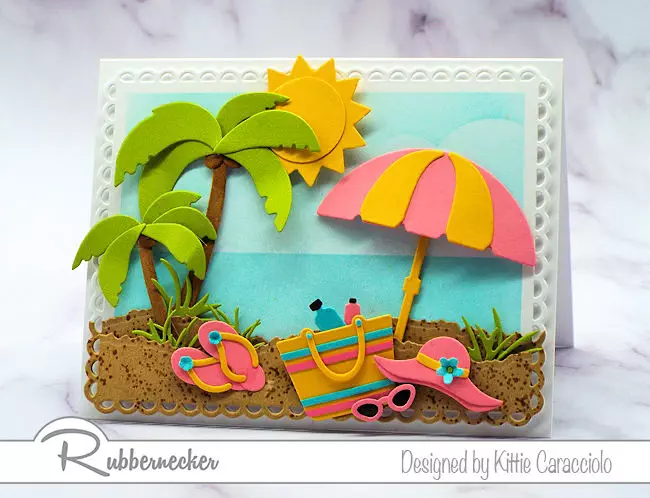 Creating a sunny beach card is fun and easy with all the wonderful beach and summer themed dies made by Rubbernecker Stamps.