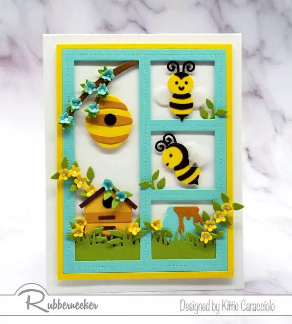 I had so much fun creating this framed honey bee card with the newly released Rubbernecker Bee with Hive and Bee with Honey Pot sets.