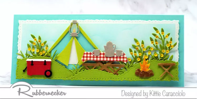 A slimline camping card with all kinds of die cut details in the extra space