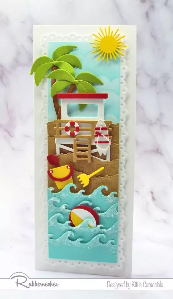 Slimline cards are very popular in paper crafting right now and I had lots of fun creating all the layers for this vertical slimline beach card.