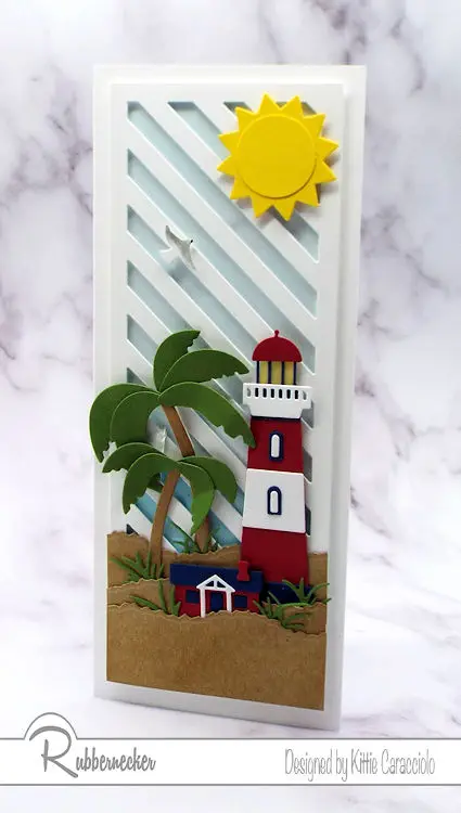 I am getting a little tropical with this slimline lighthouse card! Check out the new slimline die from Rubbernecker used for that background!