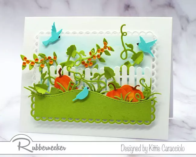 Makeable happy fall greeting cards creating a charming scene of a picket fence, growing pumpkins and bluebirds