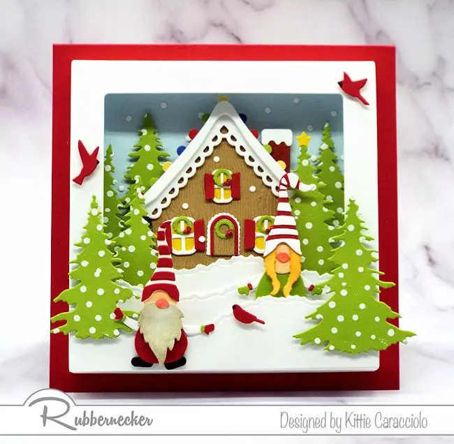 This Gnome Shadow Box Card featuring a snowy scene in a shadow box was created entirely from die cuts