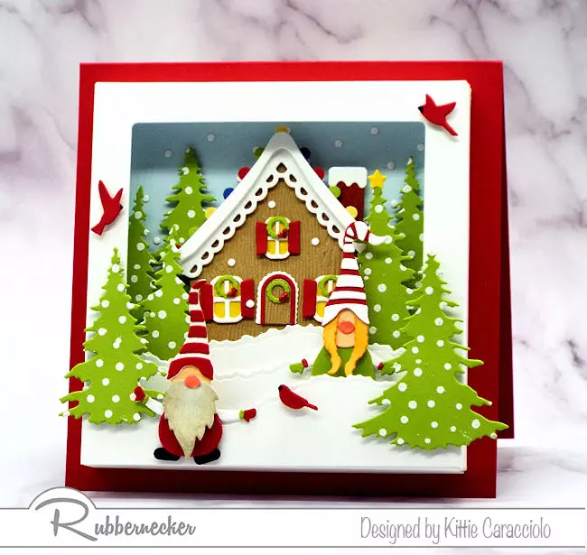 An adorable Gnome Shadow Box Card using forced perspective to create a snowy scene