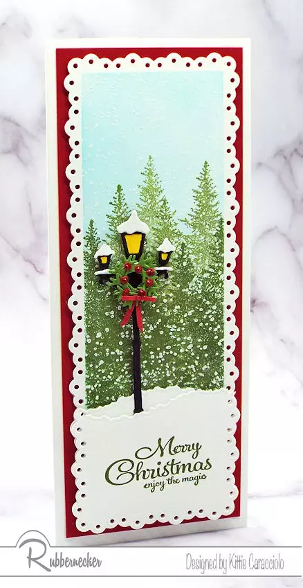 A sample of DIY Winter Scene Christmas Cards slimline style with a snowy background and a vintage black iron lamp post