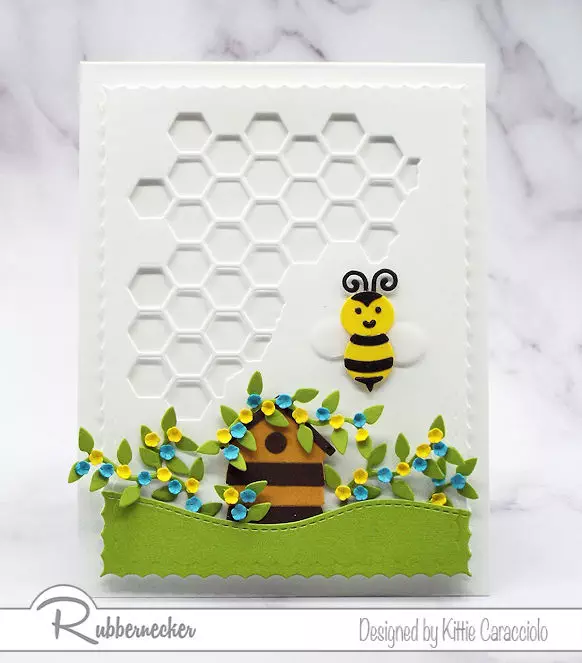 And adorable handmade greeting card using die cuts and a honeycomb background.