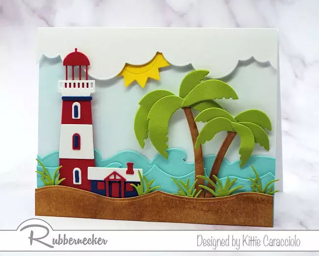 A handmade greeting card showing a seaside lighthouse and palm tree to illustrate how altering die cuts can make them fit any project