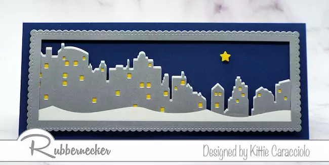 Die cuts made using a new slimline skyline die from Rubbernecker layered on a card front to show a nightime scene