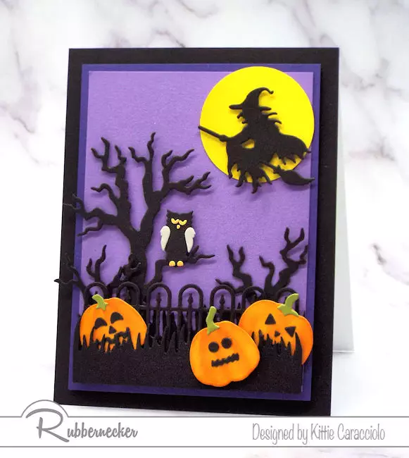 One of my spooky halloween cards made using purples and black with an eerie tree die cut from Rubbernecker