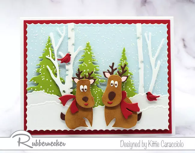 A wintry reindeer card handmade using die cuts from Rubbernecker
