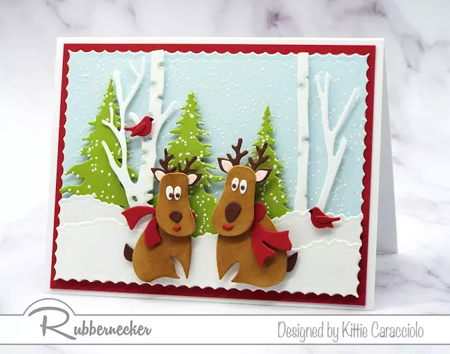 A cute reindeer card handmade using die cuts from Rubbernecker for the whole winter scene