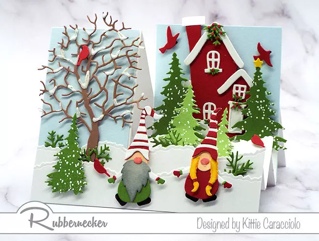 a side step card with gnomes made from Rubbernecker die cuts