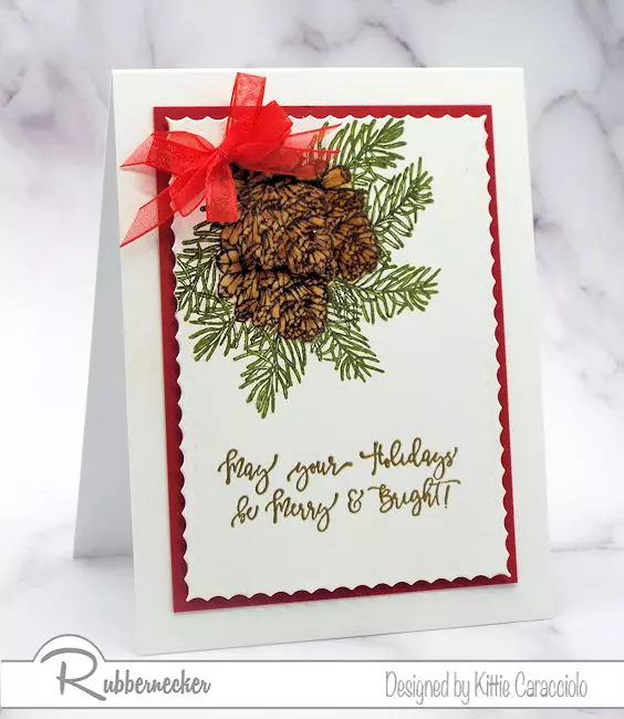 easy Christmas cards to make featuring stamped pine cones, boughs and a heat embossed greeting all from Rubbernecker