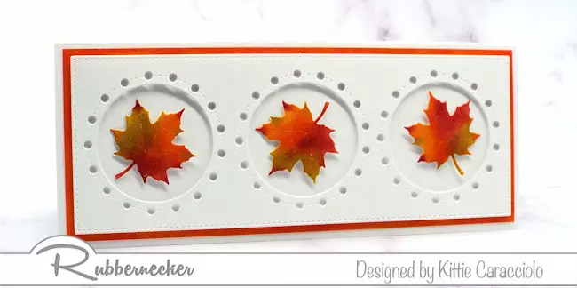 an example of fall card ideas on slimline cards featuring hand inked and die cut maple leaves inside openings cut with a slimline insert die using all products from Rubbernecker