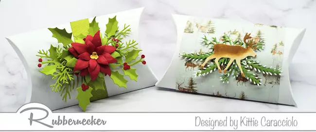 Pillow gift boxes are just the perfect size for small gifts and gift cards.  Come see how I used dies by Rubbernecker to dress these up.