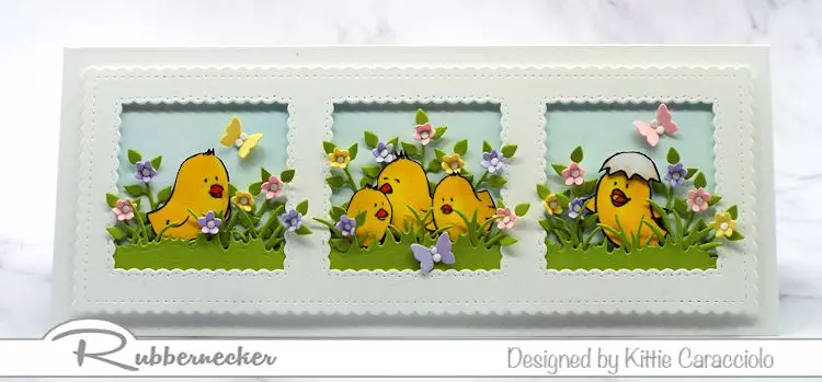 This slimline design for easter chick cards to make this year takes full advantage of all the little characters in this new set from Rubbernecker