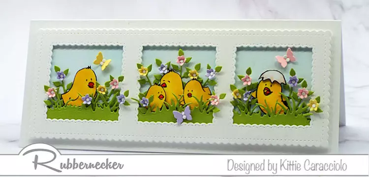 This idea for easter chick cards to makeand send this year uses a slimline base for extra space for all those little cuties from Rubbernecker!