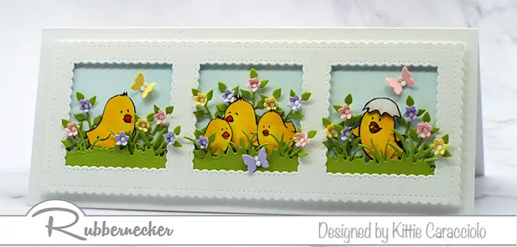 Today's easter chick cards to make as a slimline card feature baby chicks and flowers all from stamps and dies from Rubbernecker