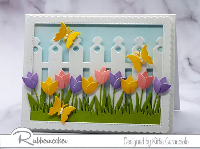 simple coloring die cut flowers adds lots of dimension and perspective like here with these multicolored tiny tulips on this handmade card