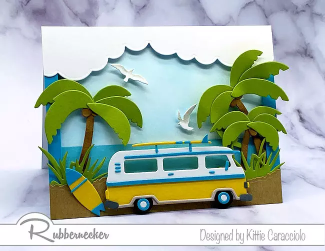 a surf van card made from card making dies and card stock ready to celebrate summer
