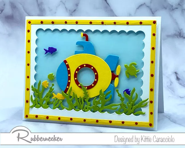 a handmade underwater card featuring a fun submarine and lots of sea life all thanks to new dies from Kittie Kraft by Rubbernecker