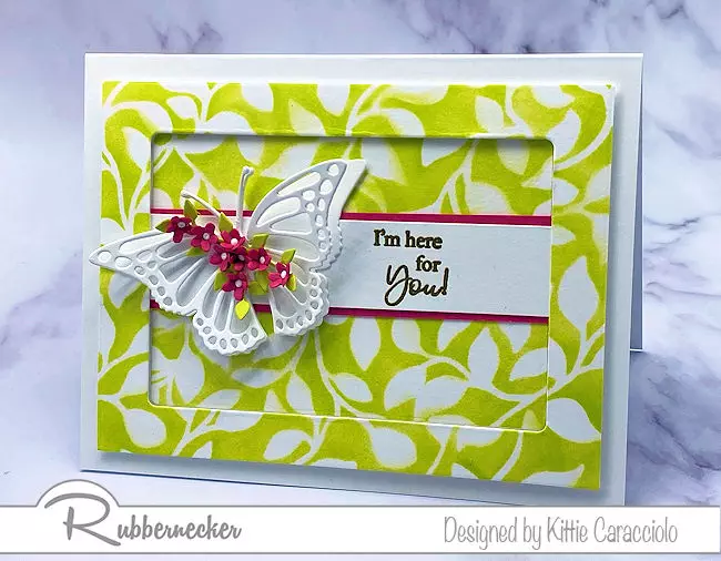 a gorgeous handmade card created with a unique leaf stencil from Rubbernecker to make the beautiful background