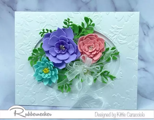 sizzix sculpting foam and flower dies from Rubbernecker were used to make these three lifelike, 3D flowers on this handmade greeting card