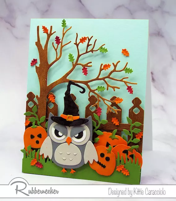 cute DIY Halloween cards featuring a costumed owl and tiny die cut jack o'lanterns