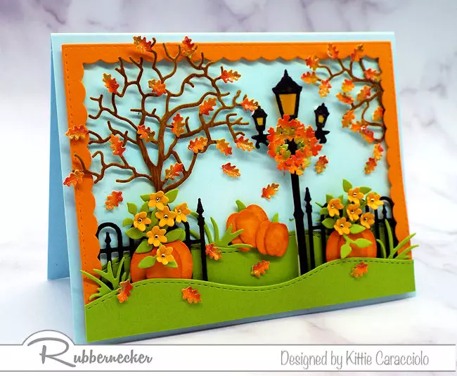 fall greeting cards loaded with details of leaves, flowers, pumpkins and an old fashioned street lamp