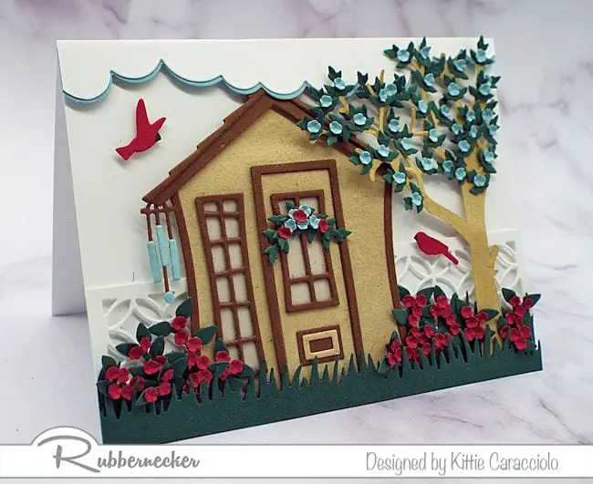 this die cut garden shed on this handmade greeting card was created using new dies from KittieKraft by Rubbernecker this die cut garden shed on this handmade greeting card was created using new dies from KittieKraft by Rubbernecker