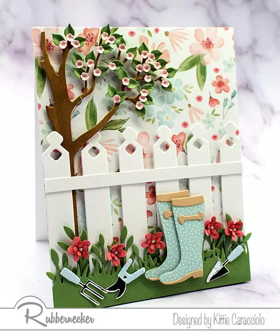 today's spring card ideas with soft, pretty flowers in the background and in die cut details along with adorable garden boots and tools